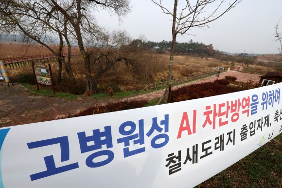 고병원성 조류인플루엔자(AI)가 전남 고흥에 이어 무안에서도 발생한 6일 철새도래지인 전남 나주시 공산면 우습제가 출입 통제되고 있다. 2023.12.6 연합뉴스