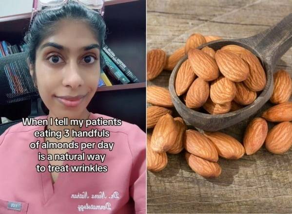 피부 주름 개선을 위해 매일 아몬드를 섭취할 것을 조언한 피부과 의사 /사진=틱톡 계정 'dermatologysurgeon' 캡처, 게티이미지뱅크