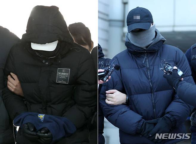 [서울=뉴시스] 김선웅 기자 = 경복궁 담벼락을 스프레이 낙서로 훼손한 10대 남성 임 모군(왼쪽)과 이를 모방해 2차로 훼손한 설 모씨가 22일 서울 서초구 서울중앙지법에서 각각 영장실질심사에 출석(왼쪽 사진) 및 심사를 마친 뒤 대기장소로 이동하고 있다. 2023.12.22. 2023.12.22. mangusa@newsis.com