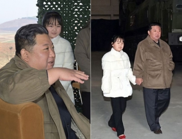 김정은 북한 국무위원장과 그의 딸 김주애가 지난해 11월 18일 신형 대륙간탄도미사일(ICBM) ‘화성-17형’ 시험발사 현장을 찾은 모습.  평양 노동신문 뉴스1·조선중앙통신 연합뉴스