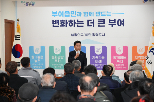 박정현 부여군수가 지난 8일 부여읍 행정복지센터 2층 회의실에서 '2024년 갑진년(甲辰年) 찾아가는 동행콘서트'의 첫 일정을 시작했다. 사진은 부여읍 동행콘서트 진행 장면 사진=부여군 제공