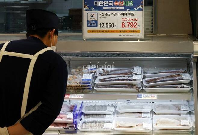 수온 상승 등 영향으로 오징어 어획량이 줄며 가격이 급등하고 있는 가운데 지난달 5일 서울 한 대형마트에 오징어가 진열되어 있다.ⓒ뉴시스