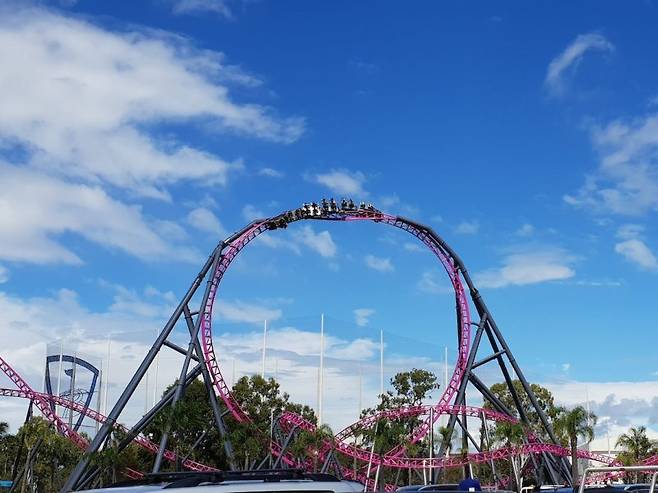 호주의 놀이공원에서 탑승객의 스카프가 날아가서 바퀴에 얽히며 운행 중이던 롤러코스터가 공중에서 멈추는 사고가 발생했다. 다행히 인명피해 없이 모두 구조됐고, 놀이공원 측은 놀이기구를 탈 때는 쉽게 떨어질 수 있는 물품을 착용해선 안 된다고 당부했다. /사진=@BuckSperry, 뉴시스