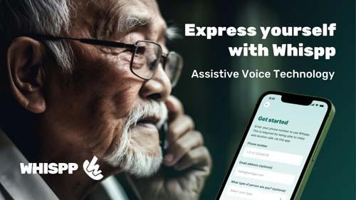 CES 2024 혁신상을 수상한 '위스프(Whispp)' 소개 이미지. 위스프는 인공지능(AI) 기반의 실시간 음성 변환 애플리케이션(앱)이다. 사고나 인후암 등으로 건강한 목소리를 잃거나 말더듬 같은 언어장애를 가진 사람이 스마트폰에 대고 속삭이면, 앱이 이를 자연스러운 음성으로 변환해 준다. 위스프 제공