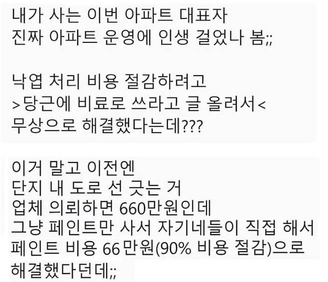 온라인 커뮤니티에 올라온 아파트 대표 미담 글. /사진=온라인 커뮤니티 '보배드림' 캡처