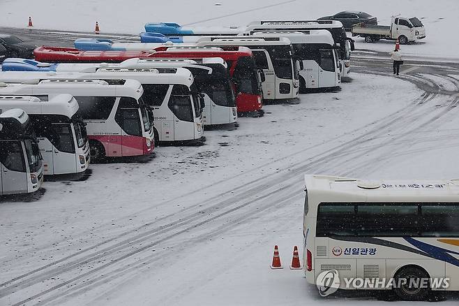 '대설주의보' 중단된 파주 DMZ평화관광 (파주=연합뉴스) 임병식 기자 = 수도권에 대설주의보가 내린 9일 경기도 파주시 임진각에서 DMZ평화관광이 중단돼 버스들이 운행을 멈춘 채 대기하고 있다. 2024.1.9 andphotodo@yna.co.kr