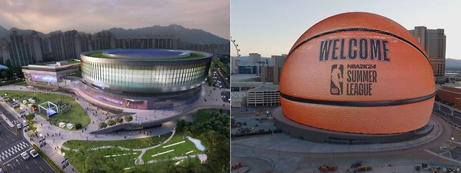 서울 도봉구 창동에 들어설 예정인 서울아레나 조감도(왼쪽). 오른쪽은 경기 하남시가 국내 유치를 추진 중인 미국 '스피어' 사의 구(球)형 공연장. 이 공연장은 건물 외벽에 LED 패널이 붙어있어 이미지와 영상을 띄울 수 있다. /카카오 제공, 스피어 유튜브 캡처