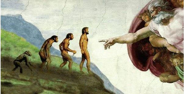 미켈란젤로의 작품 '천지창조'(오른쪽)와 진화론자들이 주장하는 인간의 진화 과정을 합성한 그림. 국민일보DB