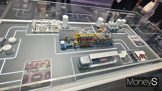 현대차가 다양한 미래 모빌리티를 경험할 수 있도록 CES 2024 부스를 구성했다. 사진은 자원 순환형 수소 생산 프로젝트인 '웨이스트-투-하이드로젠' 공장 모형. /사진=김창성 기자