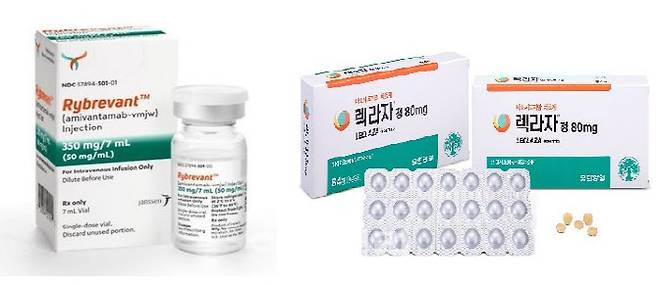 왼쪽부터 지난해 미국식품의약국과 유럽의약품청의 승인을 받은 얀센의 ‘리브레반트(성분명 아미반타맙)’과 지난해 국산 31호 신약으로 이름을 올린 유한양행의 렉라자(해외 상품명 레이저티닙).(제공=얀센, 유한양행)