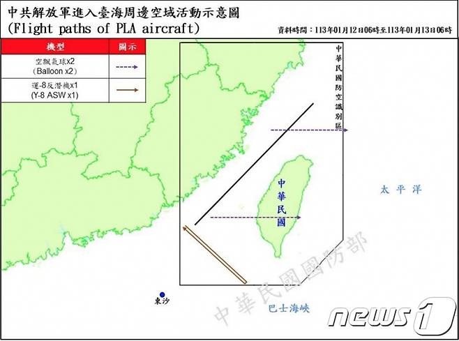 대만 국방부는 13일(현지시간) 대만 주변 공역과 해역에서중국 인민해방군(PLA) 항공기 8대와 군함 6척을 포착했다고 발표했다.(타이완뉴스 갈무리).