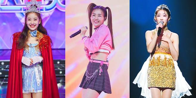 11일 방송된 ‘미스트롯3’ 2라운드 팀미션 무대 후 진선미에 선정된 참가자들. 왼쪽부터 진 오유진, 선 나영, 미 정서주. /TV조선