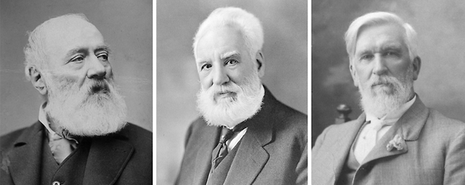 왼쪽부터 안토니우 메우치, 알렉산더 그레이엄 벨, 일라이셔 그레이. 특허 전쟁의 승리자인 벨을 제외한 나머지 두 분은 매우 언짢아 보인다면 틀림없는 사실이다. 위 사진들은 모두 95년 저작권 보호 기간이 만료된 공공 저작물이다.