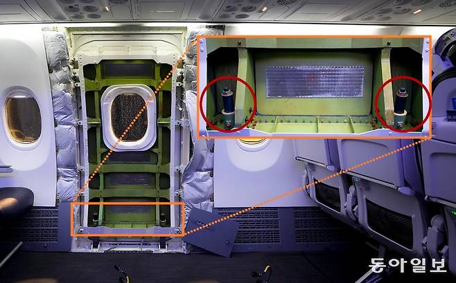 737-9의 도어플러그 내부 구조. 붉은색 원 안이 도어플러그를 고정하는 볼트입니다. 이런 볼트 4개(위 아래 각 2개씩)가 도어플러그를 고정하는 구조입니다.