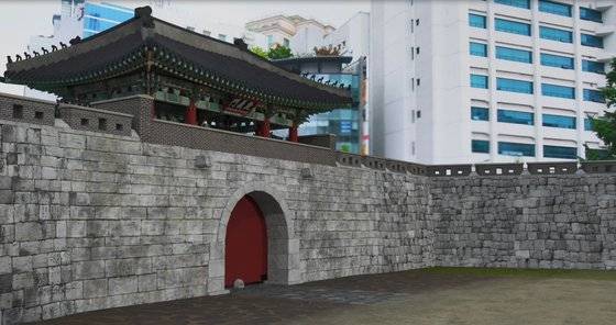 서울 종로구 정동사거리에 증강현실 기술로 복원한 돈의문(서대문). [사진 제일기획]