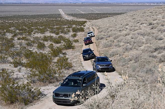 A convoy of Hyundai and Kia SUVs, led by the Kia Telluride, navigates the terrain of the California Proving Ground in the Mojave Desert. (Hyundai Motor Group)