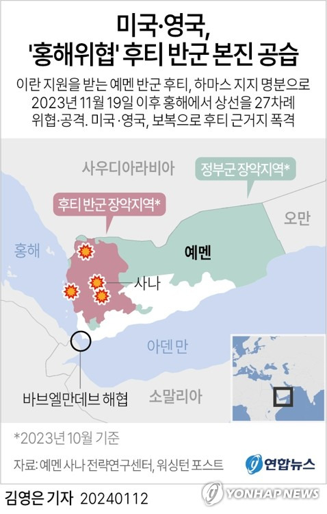 [그래픽] 미국·영국, '홍해위협' 후티 반군 본진 공습 (서울=연합뉴스) 김영은 기자 = 미국과 영국이 12일(현지시간) 글로벌 물류의 동맥인 홍해를 위협해온 친이란 예멘반군 후티의 근거지에 폭격을 가했다.
    이는 후티가 팔레스타인 지지를 명분으로 작년말부터 홍해에서 벌여온 상선 공격에 대한 직접 보복이다. 
    0eun@yna.co.kr
    트위터 @yonhap_graphics  페이스북 tuney.kr/LeYN1