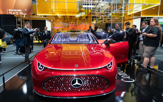 Visitors look at the CLA concept at the Mercedes-Benz booth at CES 2024 in Las Vegas. [NEWS1]