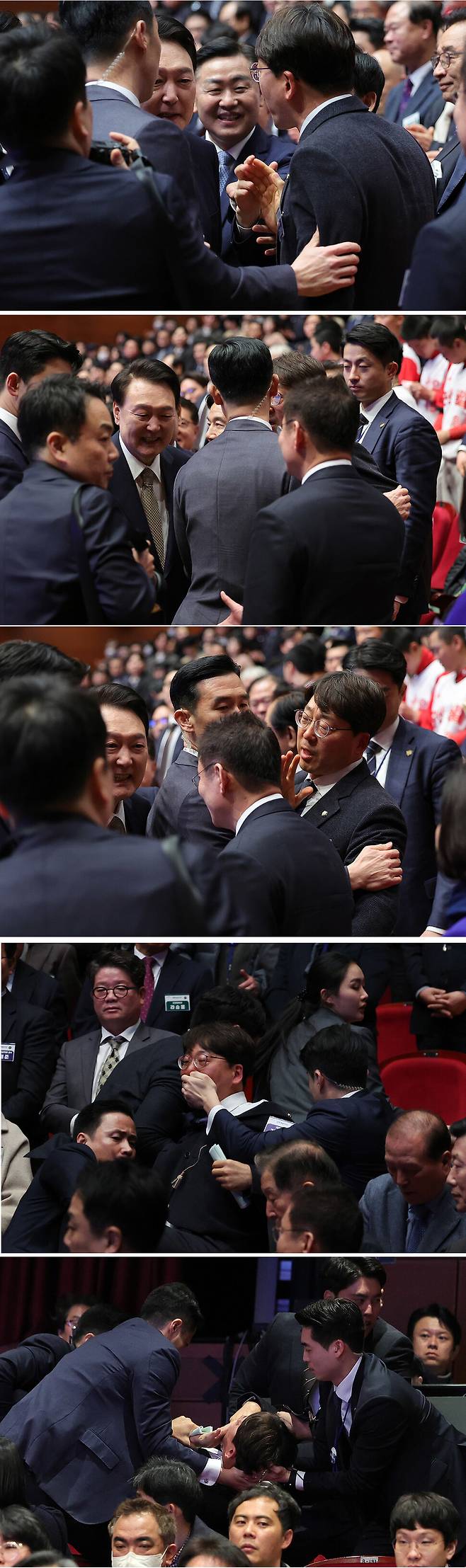 18일 오전 전북 전주 한국소리문화의전당에서 열린 전북특별자치도 출범식에 참석한 강성희 진보당 의원이 윤석열 대통령에게 악수하면서 발언을 하자, 대통령경호처 경호 요원들이 강 의원의 입을 틀어막고 강제로 퇴장시키고 있다. 대통령실사진기자단 연합뉴스