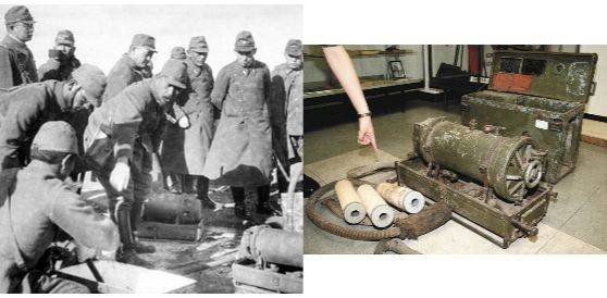 (좌) 1939년 정수기를 살펴보는 이시이 시로의 모습. 가운데. (우) 이시이 시로가 개발한 야전 정수기.