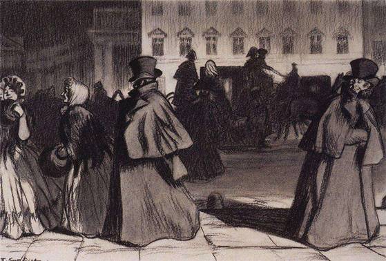 『외투』에 수록된 삽화, 넵스키 거리의 아카키. 보리스 쿠스토디예프 그림. [사진 지만지]