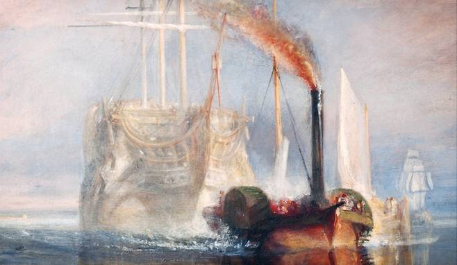 윌리엄 터너, '전열함 테메레르의 마지막 항해(일부 확대 및 밝기 조정)', 1839, 캔버스에 유채, 90.7x121.6cm, 내셔널 갤러리