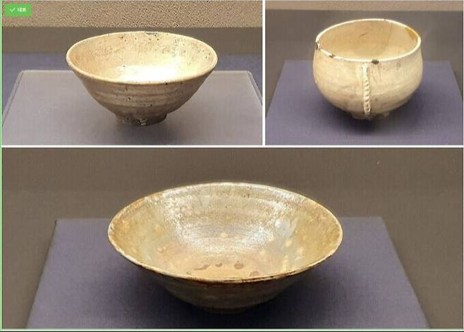 도쿄국립박물관 찻잔 전시회에 출품된 고려다완. ‘아오이도&nbsp;찻잔&nbsp;도키이도’,&nbsp;‘귀얄무늬 찻잔 무라쿠모’,&nbsp;‘도토야&nbsp;찻잔 사와라비’(위 왼쪽부터 시계방향)
