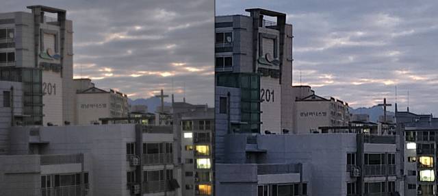 갤럭시S24 울트라(왼쪽)와 갤럭시S22로 찍은 5배 줌(확대) 사진. 갤럭시S24 울트라는 광학 줌, 갤럭시S22는 디지털 줌으로 구현해 전자가 글자나 빛이 뭉개지는 것 없이 더 선명하다. 김윤수 기자