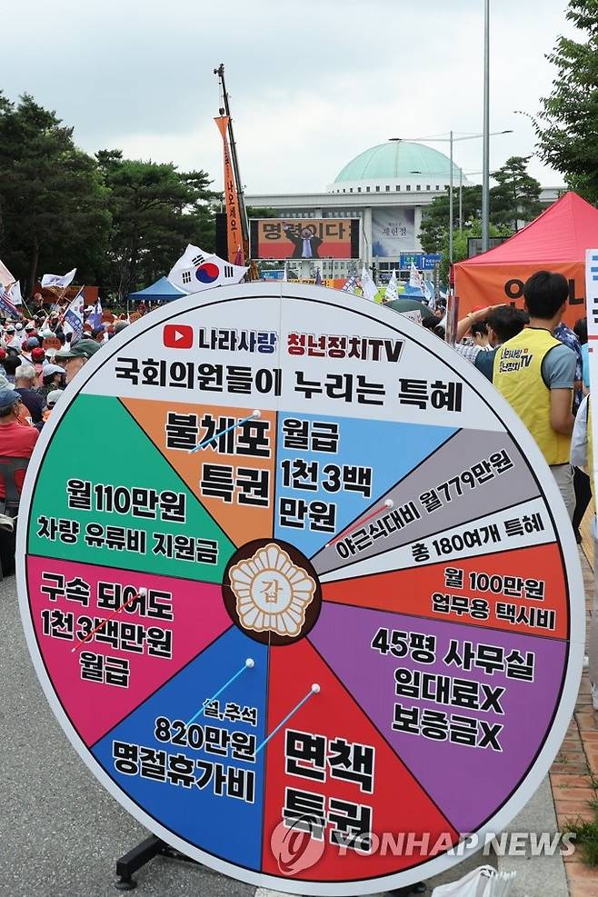 국회의원 특권 폐지 촉구 (서울=연합뉴스) 김주성 기자 = 2023년 7월17일 오후 서울 여의도 국회의사당 앞에서 열린 국회의원 특권폐지 촉구 집회에 "국회의원들이 누리는 특혜"를 표시한 과녁판이 세워져 있다. 2023.7.17 utzza@yna.co.kr