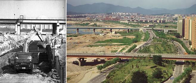 1983년 영등포와 잠실 일대에서 강남로(현 올림픽대로) 확장 및 입체교차로 공사가 진행 중인 모습. [서울기록원·서울역사아카이브]