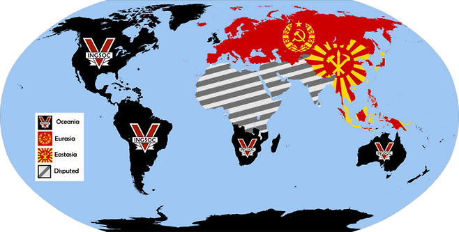 소설 ‘1984’에 묘사된 세 강대국의 모습. 북남미 아메리카 대륙과 영국, 호주가 통합된 오세아니아, 동유럽 전체를 러시아가 흡수한 유라시아, 그리고 중국과 동남아 국가, 한국과 일본과 대만이 모두 합쳐진 동아시아만이 존재합니다. 책에는 아프리카와 중동 지역은 따로 묘사되지 않습니다. [Wikimedia Commos]
