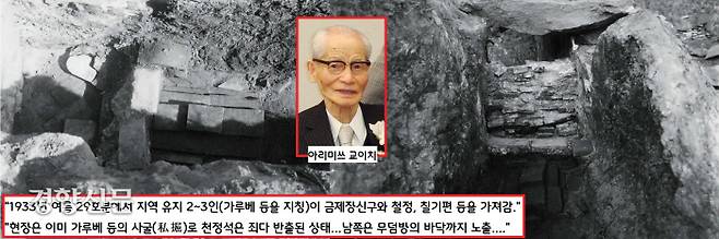 뒤늦게 29호분 현장에 달려간 총독부 촉탁 아리미쓰 교이치는 묘지기 두 사람의 증언을 듣고 충격에 빠진다. “8월 여름 (무덤의 천정돌을 들어내고 석실을 파냈고) 지역의 유지 2~3인(가루베 등을 지칭)이 일부 유물들을 가져갔다”는 것이다. 아리미쓰는 “현장에 도착했을 때 이미 가루베 등의 사굴(私掘)로 천정석은 죄다 반출된 상태이고 남쪽은 무덤방의 바닥까지 노출되었다”고 사실상 가루베의 도굴행위를 지적했다.|국립중앙박물관 소장