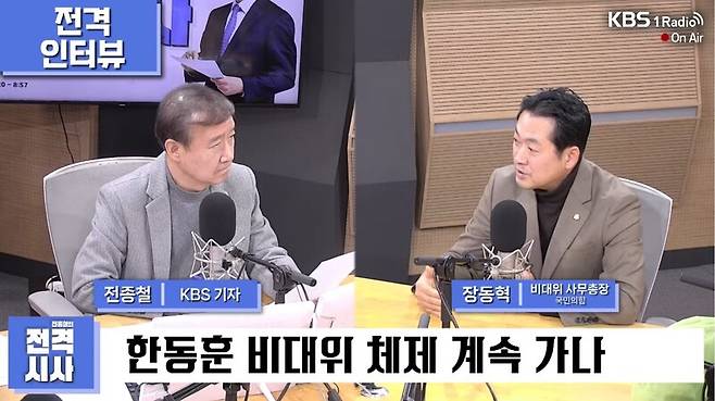 ▲장동혁 국민의힘 사무총장이 22일 오전 KBS 라디오 전종철의 전격시사에 출연해 대통령실의 한동훈 국민의힘 비대위원장 사퇴 요구와 거부 사태를 두고 국민 여론을 전달하는 당의 입장을 대통령실이 여러 상황을 판단해서 결정할 문제라고 지적하고 있다. 사진=KBS 전격시사 영상 갈무리