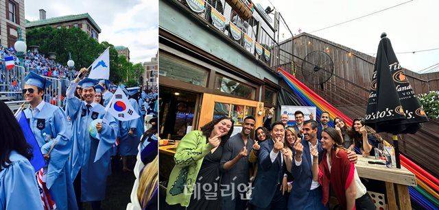 왼쪽 사진은 2015년 미국 컬럼비아 국제정책대학원 졸업식에서 한반도기를 흔들고 있는 김지수 한반도미래경제포럼 대표의 모습. 오른쪽 사진은 김 대표가 2023년 세계적인 싱크탱크 대서양위원회(Atlantic Council) 동료들과 함께 사진을 찍고 있는 모습 ⓒ김지수 한반도미래경제포럼 대표 제공