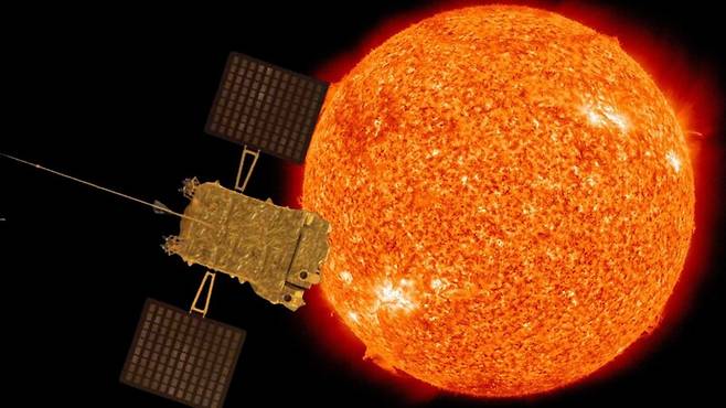 지구에서 태양 쪽으로 150만km 떨어진 제1라그랑주점(L1)에 최근 도착한 인도의 태양 관측 위성 아디트야(상상도). 인도우주연구기구 제공