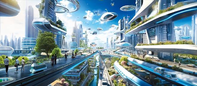 인공지능(AI)은 PC와 스마트폰 스크린을 넘어 현실 세계에 진출하고 있다. 팔과 다리를 얻어 움직일 수도 있고, 거대한 도시 자체가 될 수도 있다. 이미지 생성형 AI ‘미드저니’에 미래 스마트 도시를 그려달라는 내용의 프롬프트를 입력했다.  미드저니