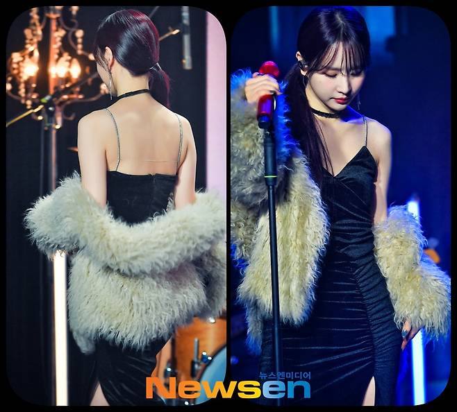 과감한 노출 드레스에 퍼코트로 솔로 신고식 화끈하게