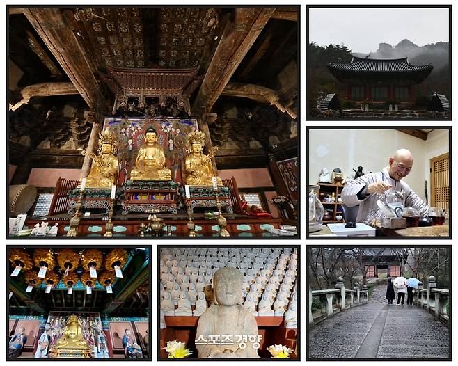 (사진 위 큰사진부터 시계방향으로) 부안 능가산 개암사 삼존불은 아미타불을 본좌로 좌측에 지장보살과 우측에 관세음보살이 협시했다, 울금바위를 배경으로한 개암사는 좌측에 지장전과 우측에 나한전이 자리잡고 있다, 개암사 주지인 종고스님이 개암사에 대해 설명하고 있다, 개암사 가는 길, 개암사 지장전의 내부 모습, 개암사 나한전의 나한상들. 사진|강석봉 기자