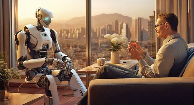 ▲ 인공지능(AI)의 등장은 ‘나는 생각한다, 고로 존재한다’는 데카르트의 명제에 의문을 던지게 한다. 인간이 ‘생각하는 유일한 존재’의 자리를 내어 준다면, 인간을 어떻게 규정해야 할까. 이미지 생성 AI ‘미드저니’에 ‘AI와 인간이 공존하는 사회’를 그려달라는 내용의 프롬프트를 입력했다.   미드저니