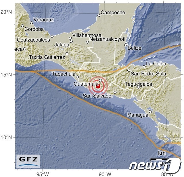 26일 과테말라에서 규모 6.0 지진이 발생했다. <출처=독일지구과학연구센터(GFZ)>