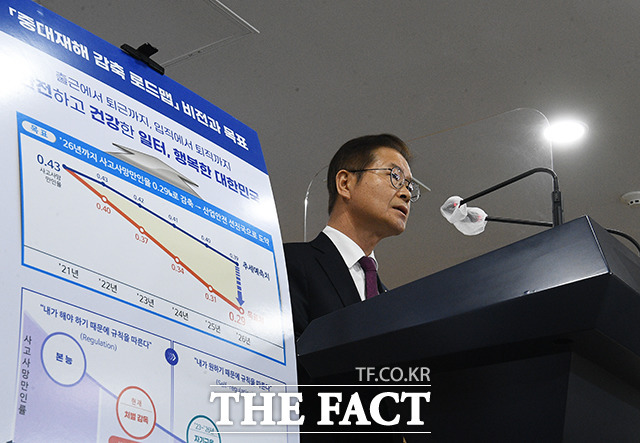 오늘부터 5인 이상, 50인 미만 사업장에 대해서도 중대재해처벌법이 적용된다. 이정식 고용노동부 장관이 2022년 11월 30일 오전 정부서울청사 브리핑실에서 중대재해 로드맵을 발표하고 있다. /이동률 기자