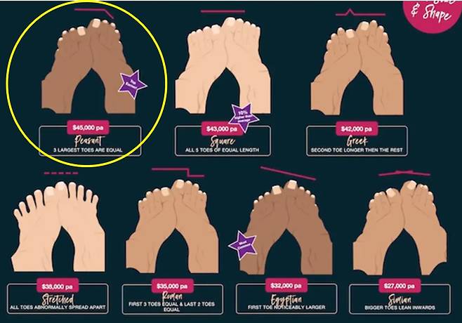 발패티쉬를 가진 1000명을 사람들을 대상으로가 가장 선호하는 발 유형. jam press를 통해 소개된 인기 순의 발. [사진= 뉴욕포스트 캡처]