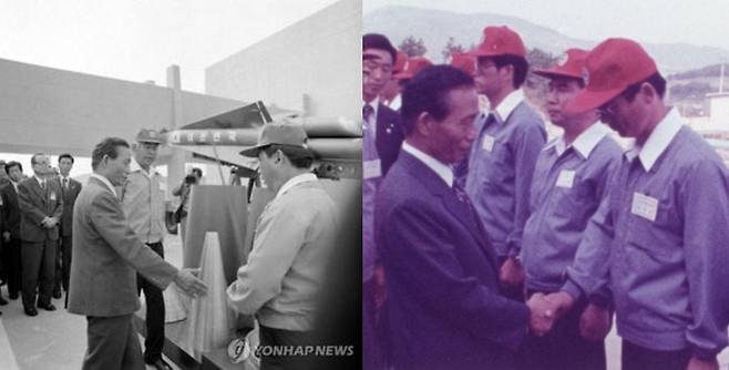 박정희 대통령이 1978년 9월 26일 국방과학연구소(ADD) 시험장에서 한국 최초의 지대지 미사일(백곰) 시험 발사 참관에 앞서 전시장을 둘러 보고 있다.(사진 왼쪽) 박 대통령은 이날 '백곰' 미사일 개발의 주역인 ADD 연구원들을 일일이 악수하며 격려했다.(사진 오른쪽)/국가기록원-연합뉴스