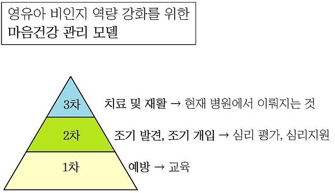 영유아 비인지 역량 강화를 위한 피라미드 모델. 현재 소아정신과 병원에서는 주로 우울증 등 정신질환이 발생했을 때 치료하는 데 집중한다. 하지만 소아청소년이 건강하려면 정신을 건강하게 보전시키는 일이 중요하다. 마음 건강의 문제를 조기에 발견해 조기에 개입하는 것이다. 그러려면 뇌 발달을 염두에 둔 비인지 역량 강화 교육이 필요하다. /자료=신의진 교수