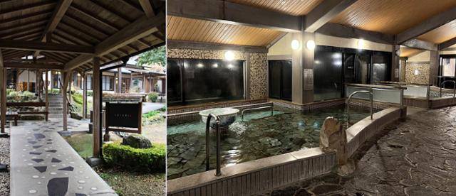 후루유 온천마을 초입에 위치한 온크리는 리조트 형식의 현대식 객실에 전통적 료칸의 느낌을 더한 숙소다. 온천탕으로 향하는 길(왼쪽)과 탕 내부 모습.