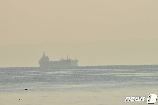 30일 오전 경북 포항시 북구 영일대해수욕장 앞 바다에 정박된 화물선 주변이 온통 희뿌연 미세먼지에 뒤덮여 있다. 한국환경공단 에어코리아에 띠르면 포항 지역 초미세먼지 농도는 40㎍/㎥로 '나쁨' 수준이다. 2024.1.30/뉴스1 ⓒ News1 최창호 기자