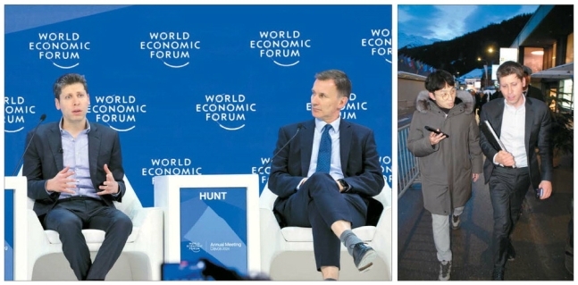1월 18일(현지시간) 2024 세계경제포럼이 열리고 있는 스위스 다보스에서 샘 올트먼 오픈AI 최고경영자(CEO·왼쪽 사진 왼쪽)가 제러미 헌트 영국 재무부 장관과 ‘급변하는 세계에서의 기술’ 세션에서 사회자의 질문에 답변하고 있습니다. 오른쪽 사진은 17일 올트먼 CEO가 매일경제 기자와 대화하는 모습. 로이터연합뉴스·특별취재팀
