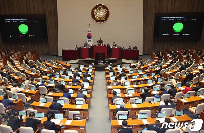 1일 서울 여의도 국회 본회의장에서 열린 제412회국회(임시회) 제2차 본회의에서 고향사랑 기부금의 개인별 연간 상한액을 현행 500만원에서 2천만원으로 2025년부터 올리는 내용의 '고향사랑 기부금법 개정안' 이 통과되고 있다. 2024.2.1/뉴스1 ⓒ News1 송원영 기자