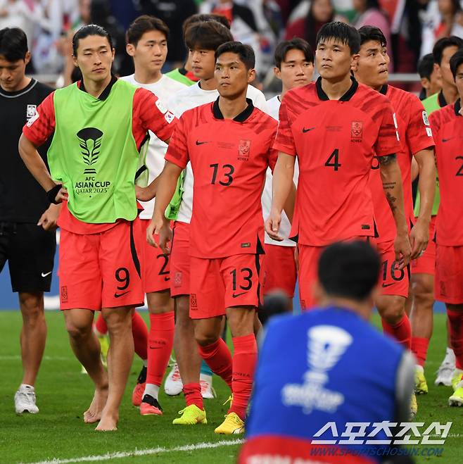 20일(현지시간) 카타르 도하 알투마마 스타디움에서 열린 2023 아시아축구연맹(AFC) 카타르 아시안컵 대한민국과 요르단의 경기. 무승부로 끝나자 대한민국 선수들이 아쉬워하고 있다. 도하(카타르)=박재만 기자 pjm@sportschosun.com/2023.01.20/