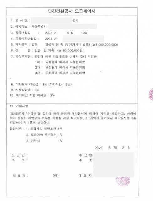 (민간 건설공사 도급계약서 예시 / 제공 : 밸류업이노베이션)